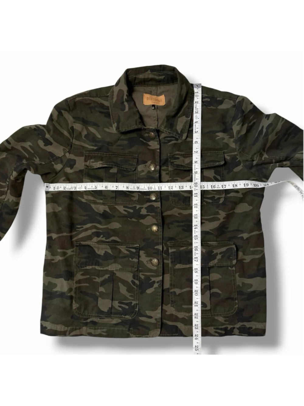 Driftwood LG Womens Green Camo Button Up Canvas Jacket Cotton Flap Pocket EUC